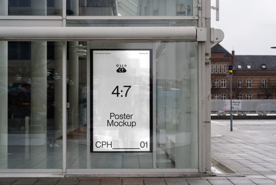 Urban poster mockup displayed in glass case for outdoor advertising, clear and professional presentation tool for designers.
